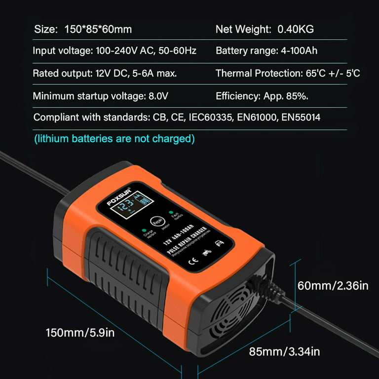 5A 12V Automatic Smart Battery Charger and Maintainer with LCD Display for  Lead Acid and Lithium (LiFePO4) Batteries