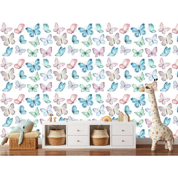 MuralsPrint Watercolored Nursery Butterflies Peel and Stick Wallpaper, Eco-friendly Removable Wallpaper, 10'L x 24''W