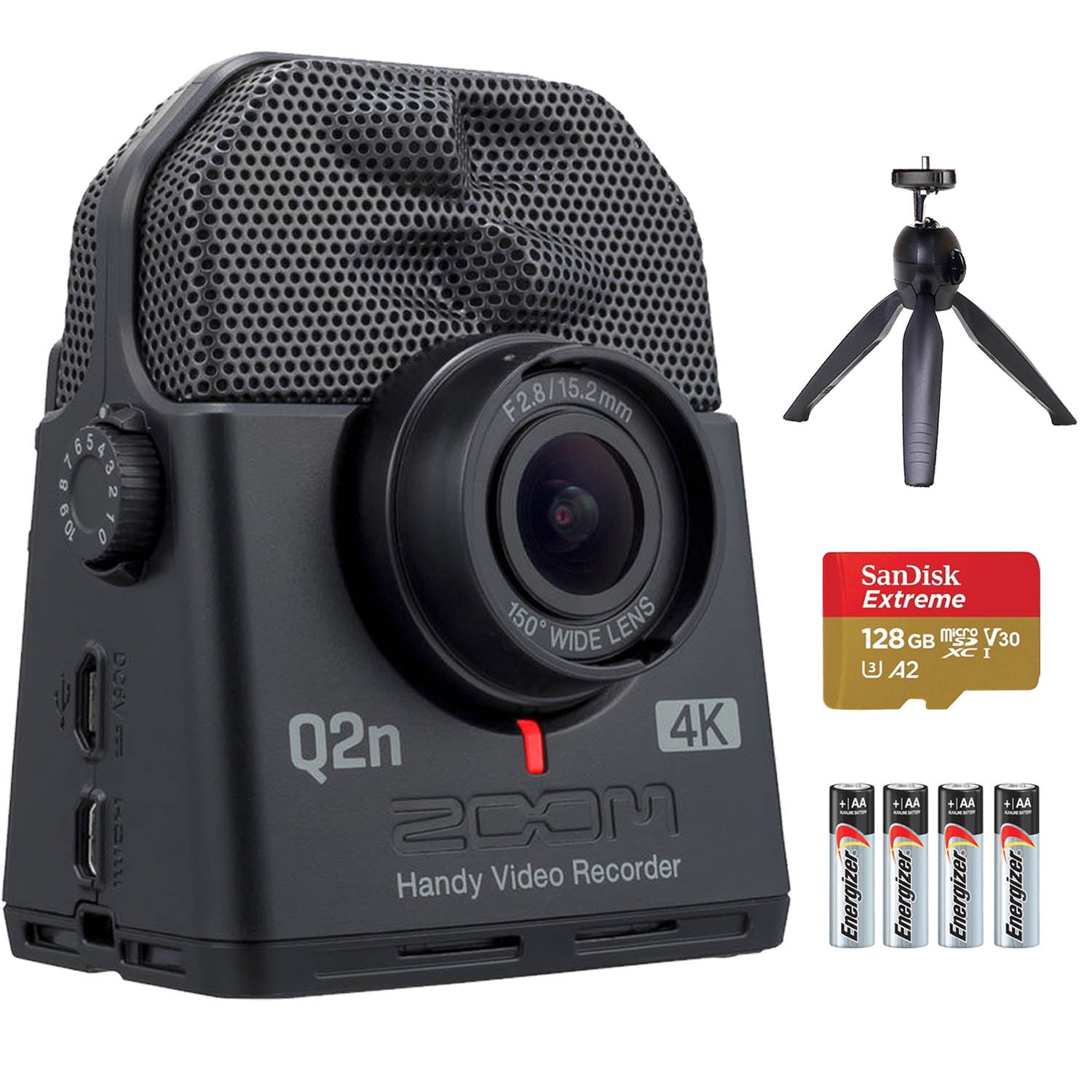 Zoom Q2n-4K Ultra High Definition Handy Video Recorder with Tripod and  SanDisk 128GB Extreme micrSDXC Card and Energizer Premium Max AA Batteries