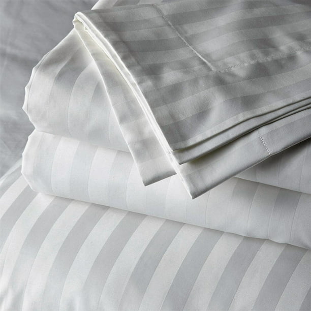 Just Linen 300 Thread Count 100 Cotton Sateen, 10mm White Striped , King Bedding 4 Piece Sheet
