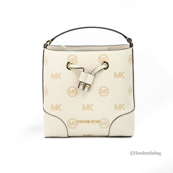 Michael Kors Mercer Small Light Cream Embossed Drawstring Bucket Messenger Bag