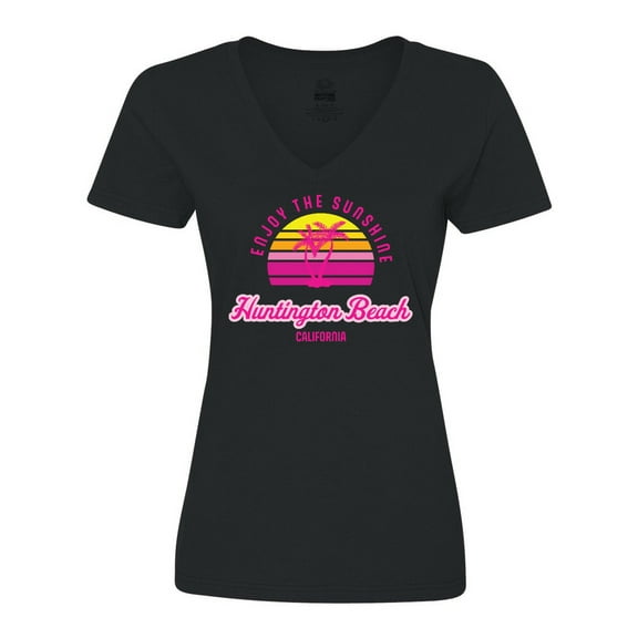 Inktastic Summer Enjoy the Sunshine Huntington Beach California Pink Women's V-Neck T-Shirt