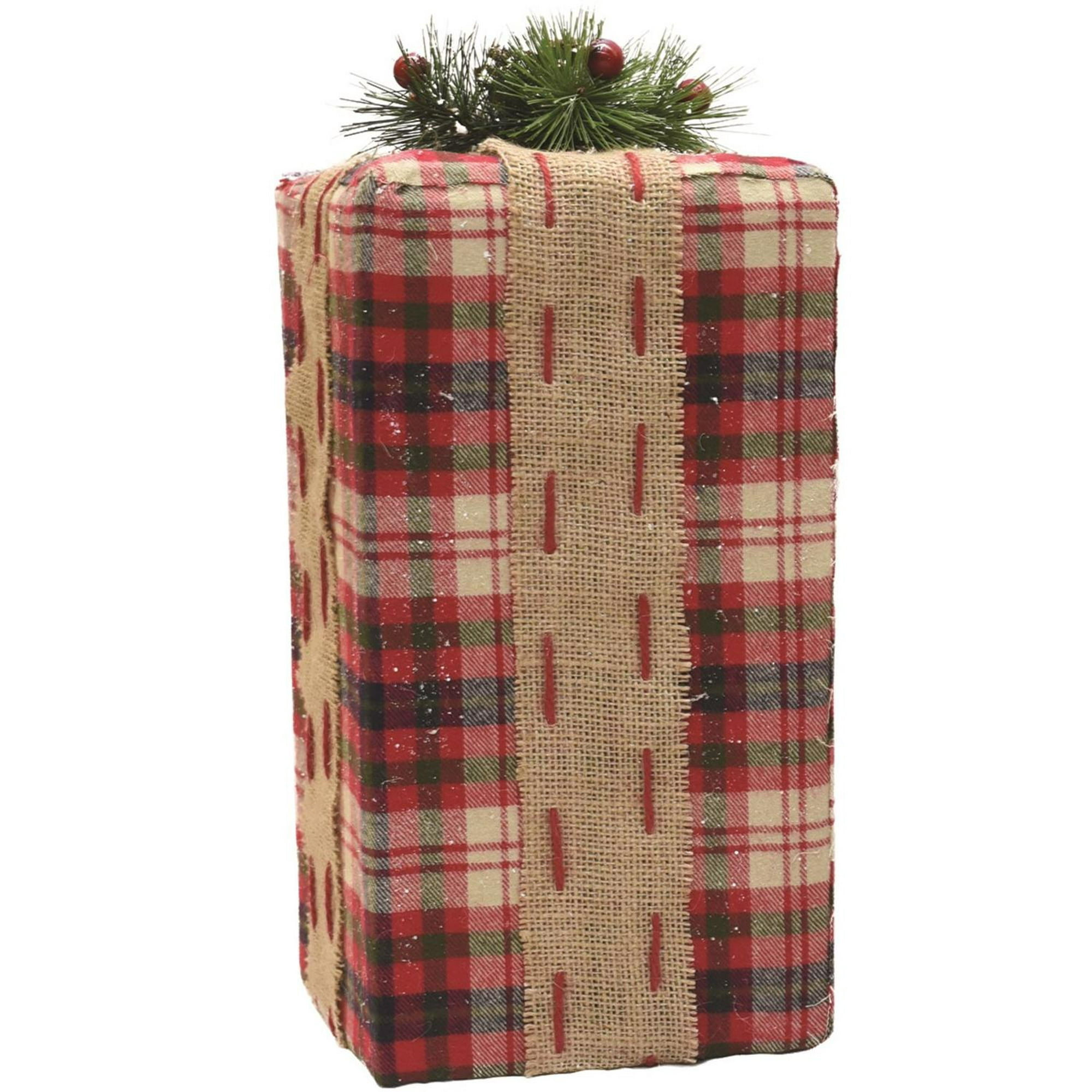 14 5 Rectangular Red Brown And Green Plaid Gift Box With Pine