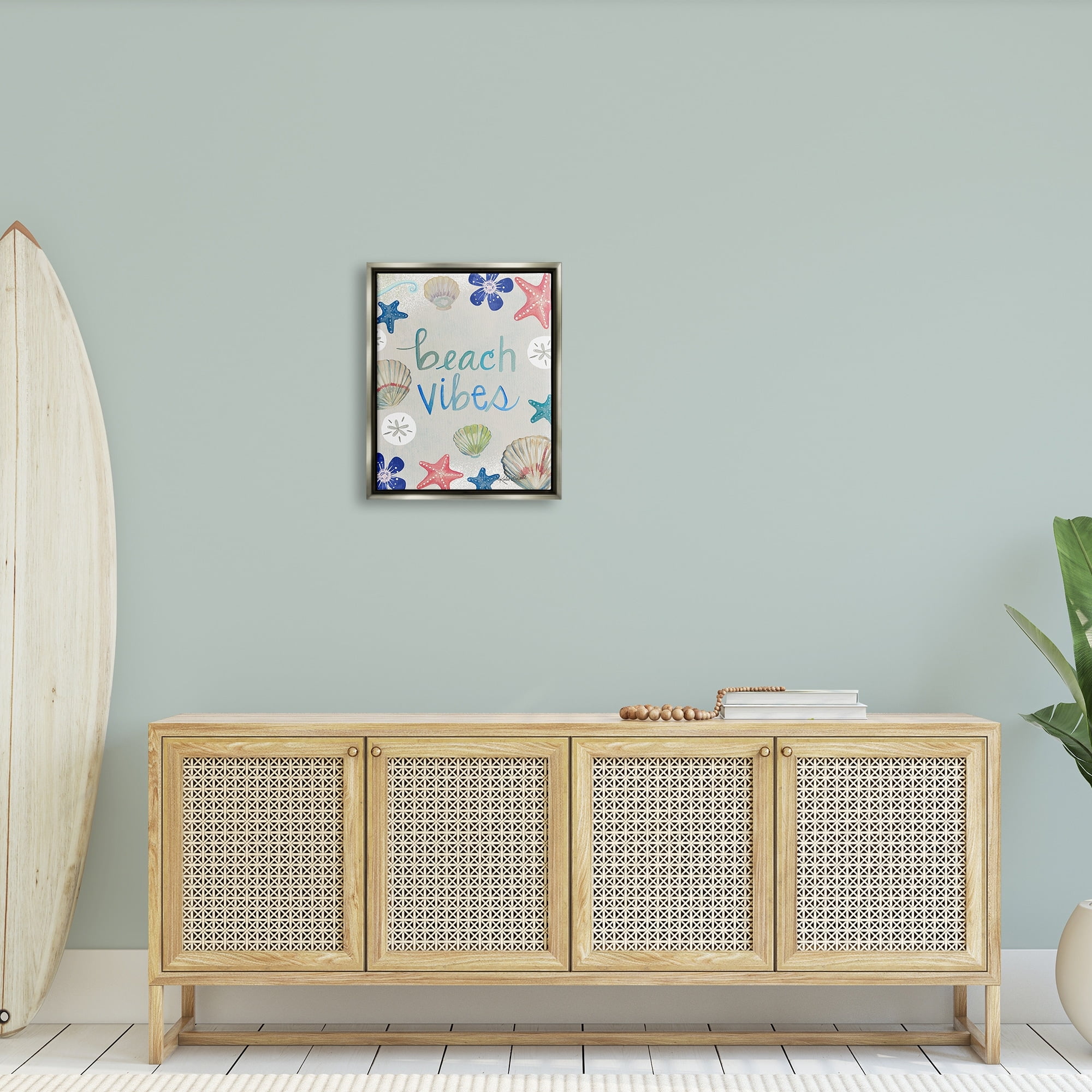 Stupell Industries Beach Vibes Calligraphy Nautical Seashell Flowers Graphic Art Luster Gray Floating Framed Canvas Print Wall Art, Design by Katie Doucette