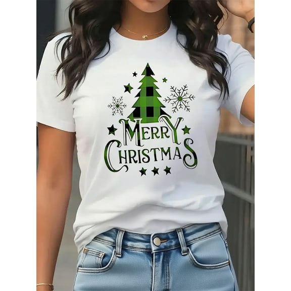 Woman Christmas Shirt Christmas Tree Graphic T-Shirt Casual Short Sleeve White Top