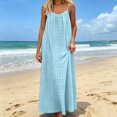 thumbnail image 3 of Summer Dress for Women Casual Sleeveless Backless Pleats Spaghetti Strap Dress Openwork Print Beach Vacation Dress(Sky Blue,M), 3 of 8