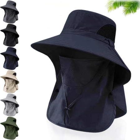 Men s Sun Protection Hat with Detachable Face Mask Cover and Neck Flap UPF 50+ Wide Brim Fisherman Hat Waterproof Lightweight Breathable Mesh Hiking Fishing Cap with Adjustable Chin Strap