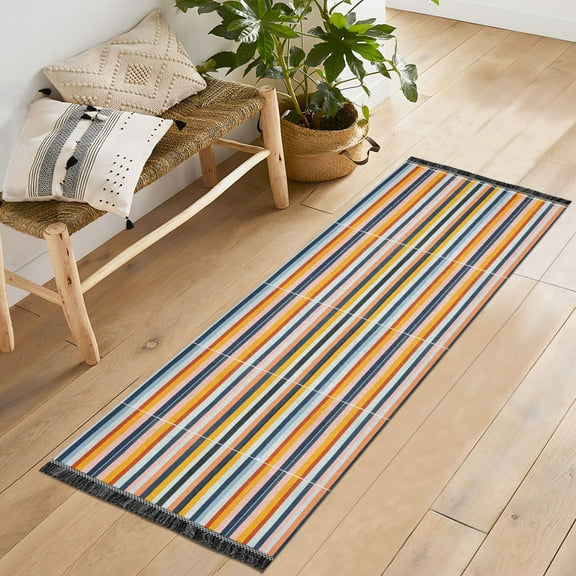 Ryvnso Stripe Line Bedroom Runner Rug 2'x6' Hallway Area Carpet Non Slip Entryway Mat with Tassels