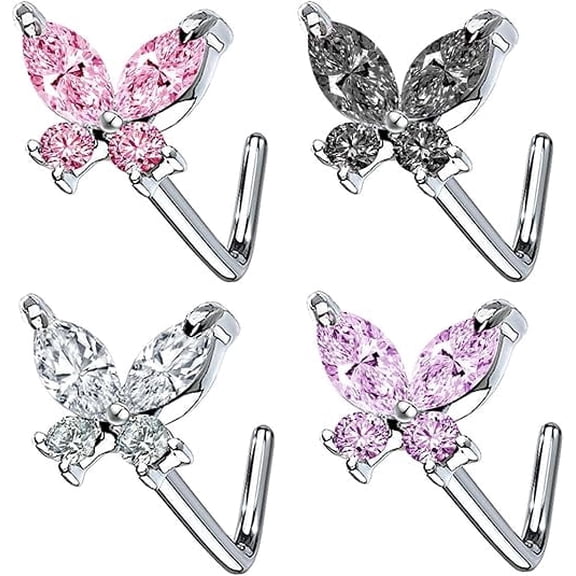 20G Butterfly Nose Rings 316L Stainless Steel L Shaped CZ Nose Studs Nose Piercing Jewelry for Women Men 4pcs