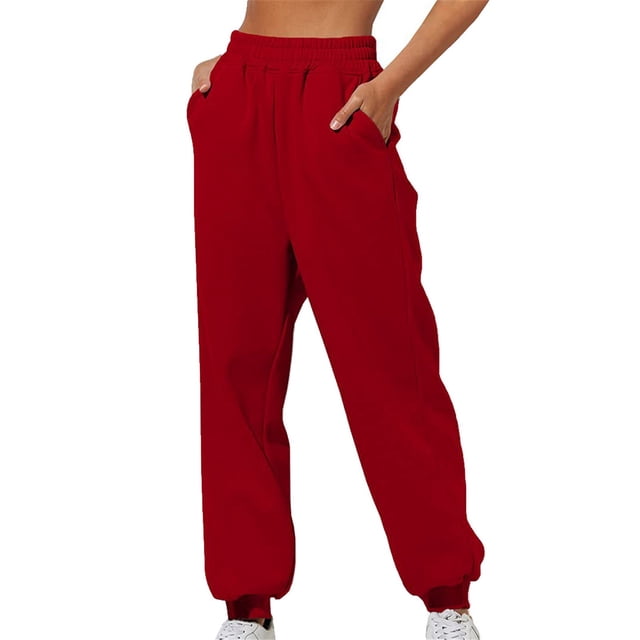 WTXUE Pantalon Jogger pour Femmes, Pantalon de Survêtement Mince Taille Haute Ample Confortable Pantalon de Jogging Taille Haute avec Poches Décontracté, Pantalon de Sarrau Pantalon Habillé, 2-Rouge