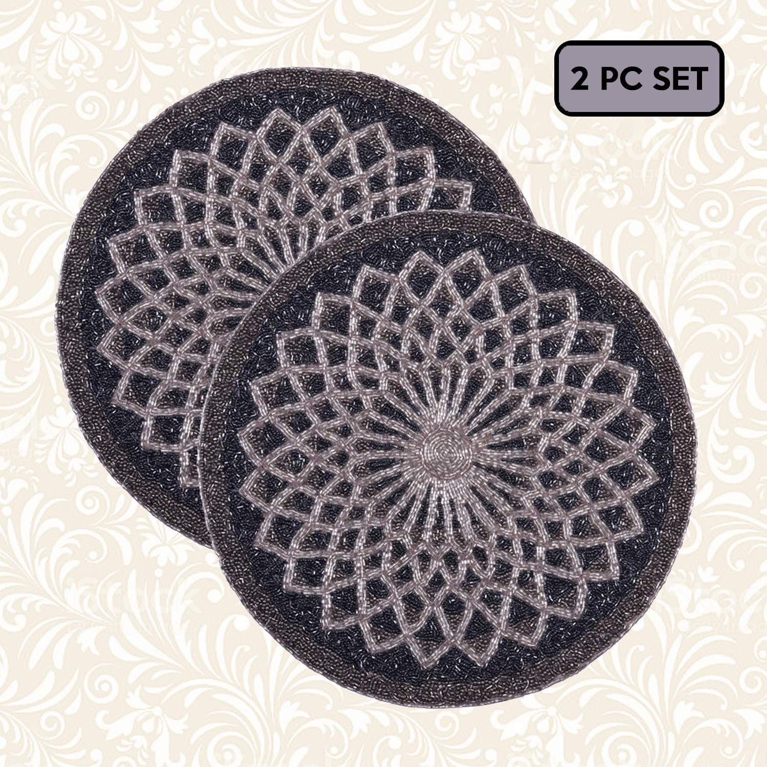Decozen Embroidered Beaded Placemat 14" Round Set of 2 Pcs Pewter