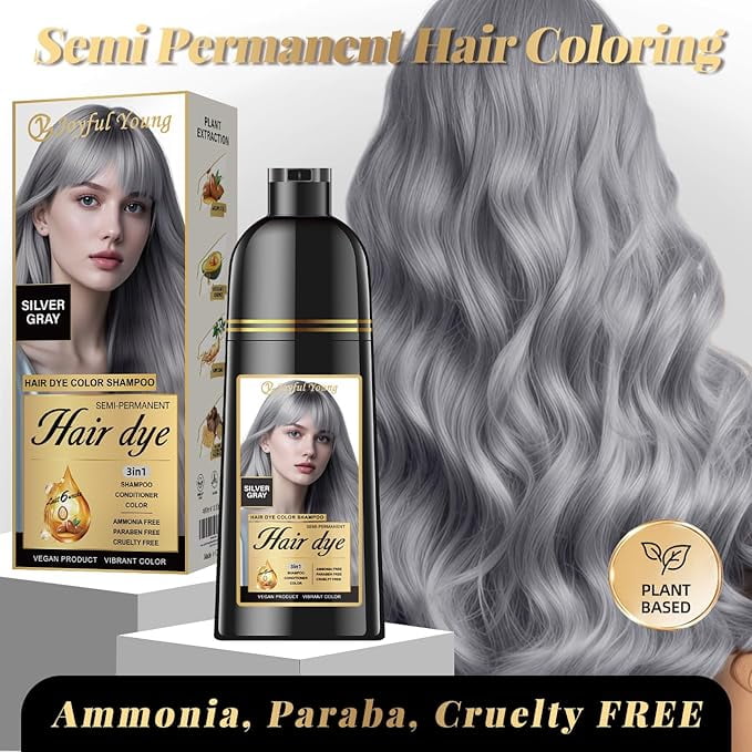 Hair Dye Shampoo 3-in-1, Semi-Permanent Color Enhancing Shampoo, Color Depositing Shampoo for Women & Men, Vegan, Ammonia-Free (Silver Gray)