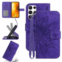 Feishell Slim Wallet Case for Samsung Galaxy S23 Ultra,for Men Women,Sunflower Embossed Pattern PU Leather Flip Cover Magnetic Closure Folio Card Slots Kickstand Phone Case with Hand Strap,Darkpurple
