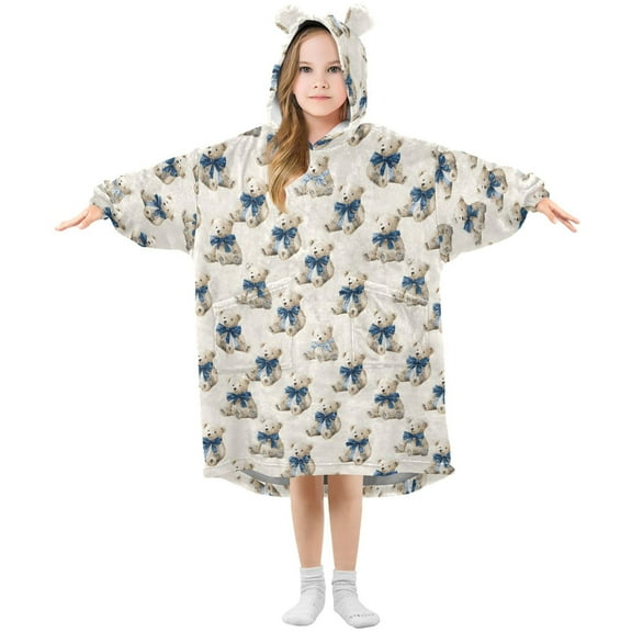 Wearable Blanket Hoodie for Kids Bow Bears Flannel Hooded Blanket with Pockets and Sleeves Suitable for Boys and Girls
