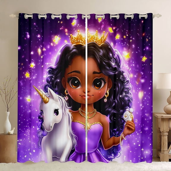 Castle Fairy Kids Girls Black Girl Princess Blackout Curtains Set of 2 (52x84 Each),Magical Animal Unicorn Window Curtains,Bling Glitter Curtains and Drapes,Super Cozy Room Decor