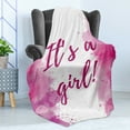 thumbnail image 4 of Gender Reveal Soft Flannel Fleece Throw Blanket, Hand Written Look Its a Girl Text Watercolor Splash Frame Pink Tones Print, Cozy Plush for Indoor and Outdoor Use, 50" x 70", Multicolor, by Ambesonne, 4 of 5