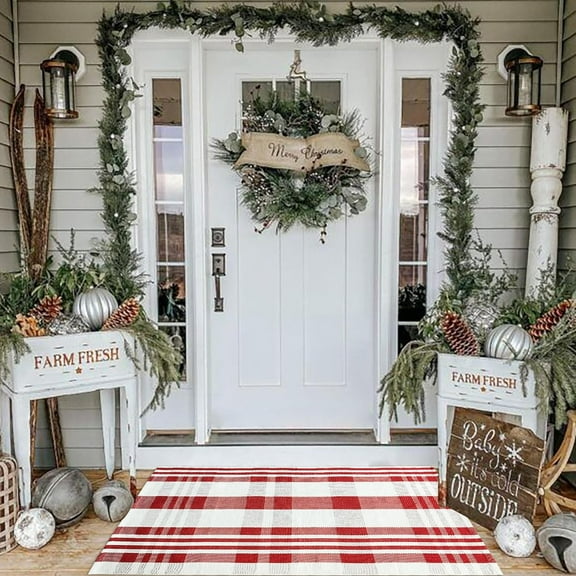 Christmas Plaid Outdoor Rug, 27.5''x43'' Red&White Check Indoor/Outdoor Area Rug, Layering Rug for Hello/Welcome Door Mat, Machine Washable Cotton Woven Rug for Farmhouse Front Porch,Entryway
