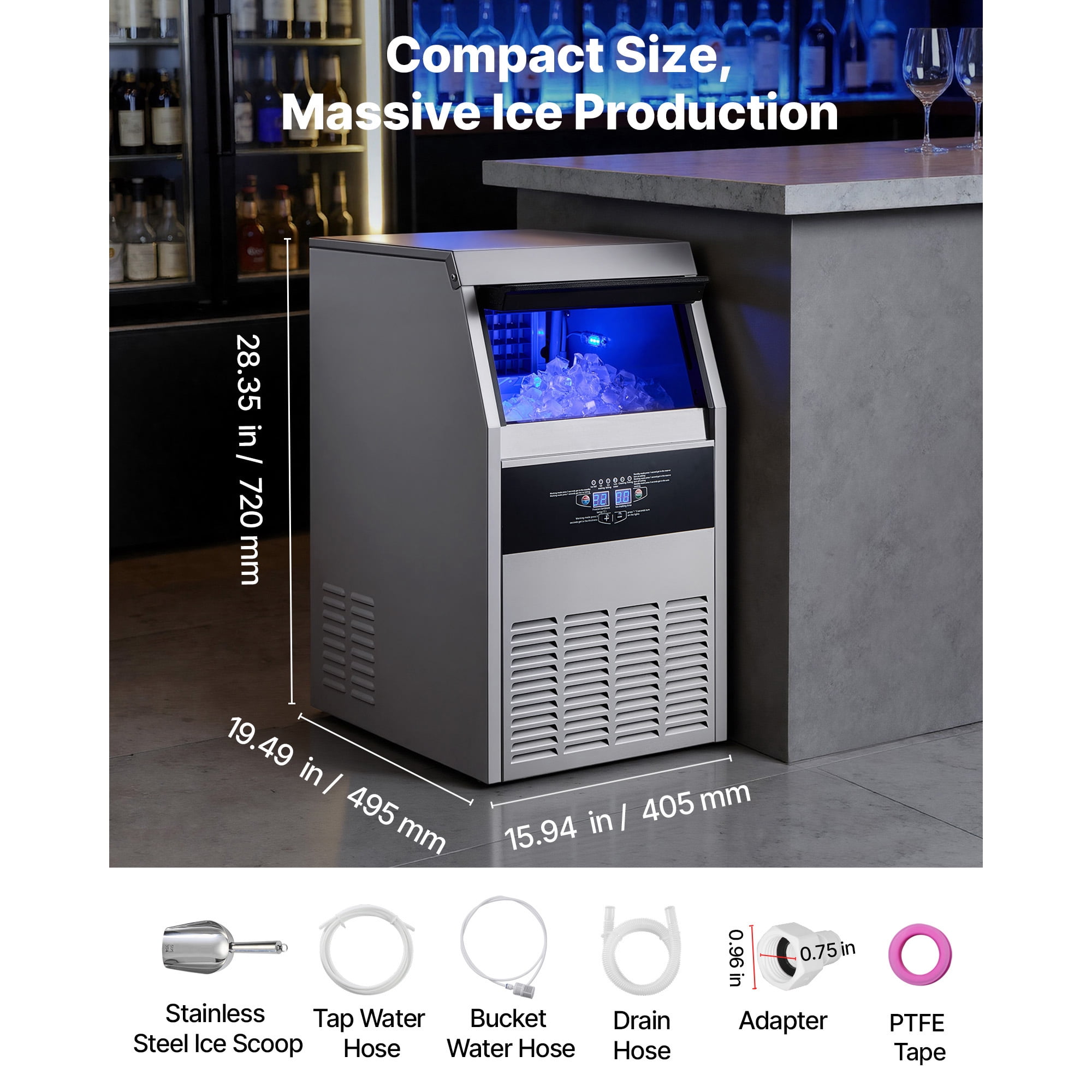 KFFKFF Commercial Ice Maker Machine, 150 lbs/24h Output with 30 lbs Storage, Built-in or Freestanding Design, Stainless Steel Ice Maker with LED Control Panel & Self-Cleaning Function, Ideal for Home