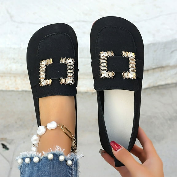 Wowcloth Women's Fashion Casual Retro Flat Shoes – Solid Color Versatile Round Toe Slip-On with Metal Buckle & Low Heel Comfortable Bean Sole for Daily Wear