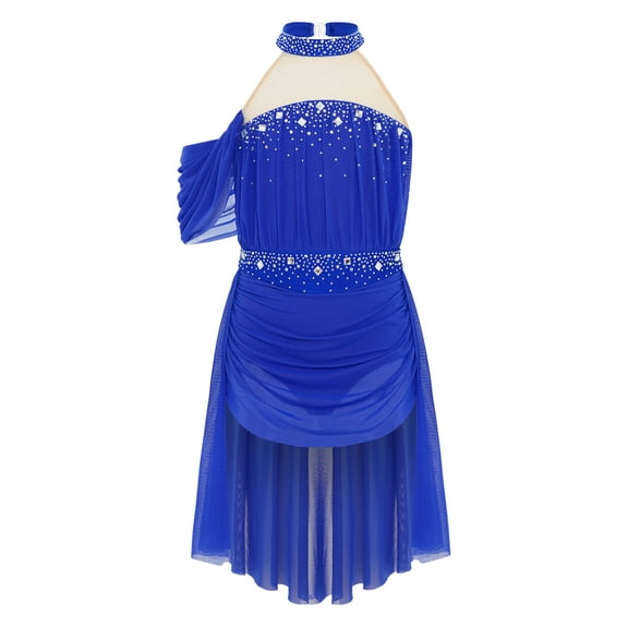 YiZYiF Girls Rhinestones Ruched Mesh Lyrical Ballet Dance Dress Dancing Party Jazz Latin Leotards Royal Blue 6