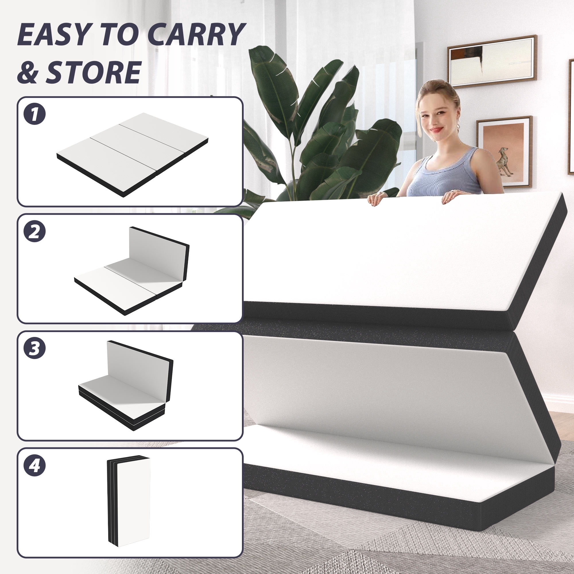 YRLLENSDAN 4" Trifold Memory Foam Mattress, Foldable Mattress Full Size Folding Mattress Foldable Bed Trifold Mattress with Washable Cover Easy Storage Fold Up Mattress for Floor Camping Guest
