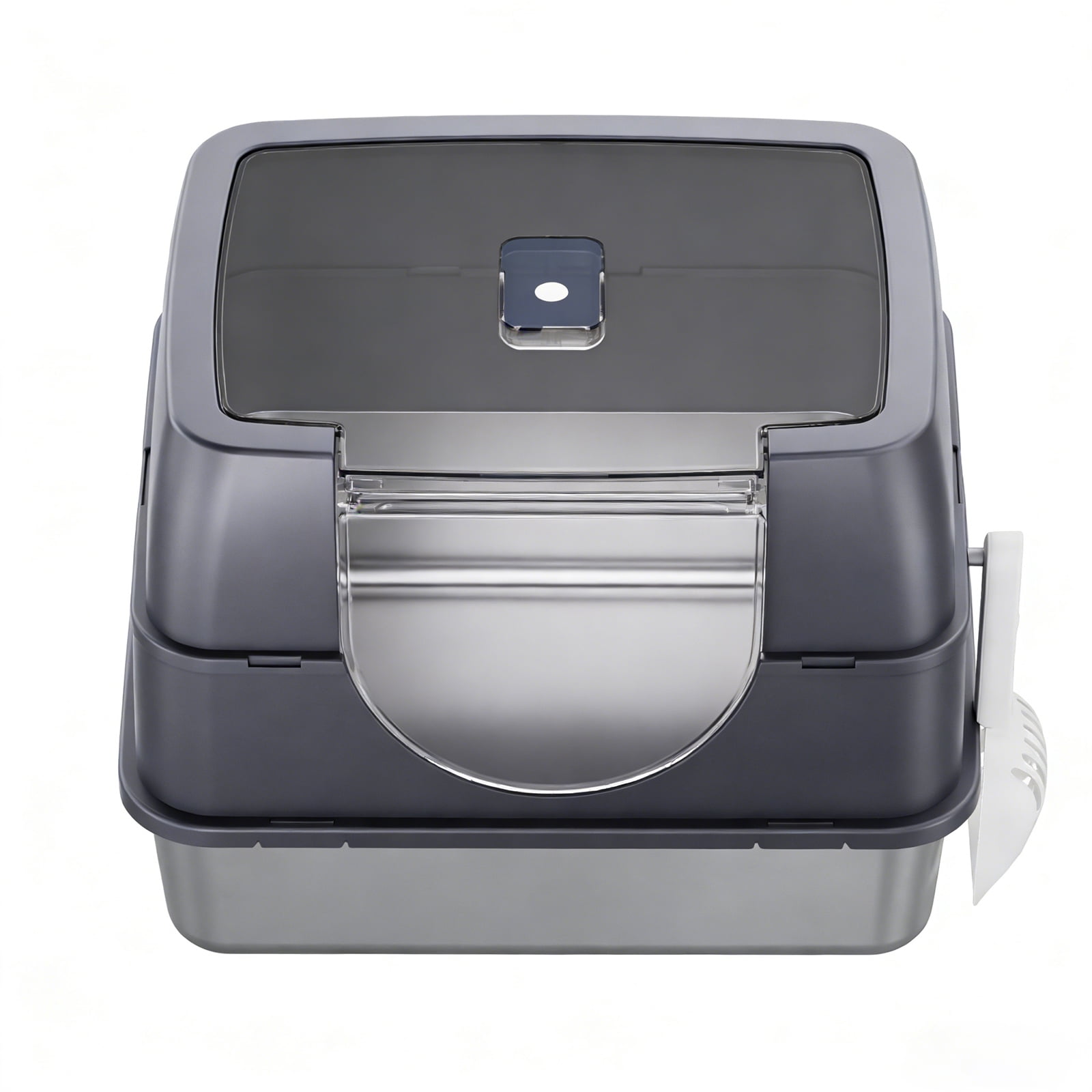 Flip-Top Enclosed Cat Litter Box, Stainless Steel Litter Pan with Plastic Bottom Basin, Activated Carbon Odor Control Splash Proof Dog-Proof Cat Toilet with Litter Scoop and Double-Layer Mat