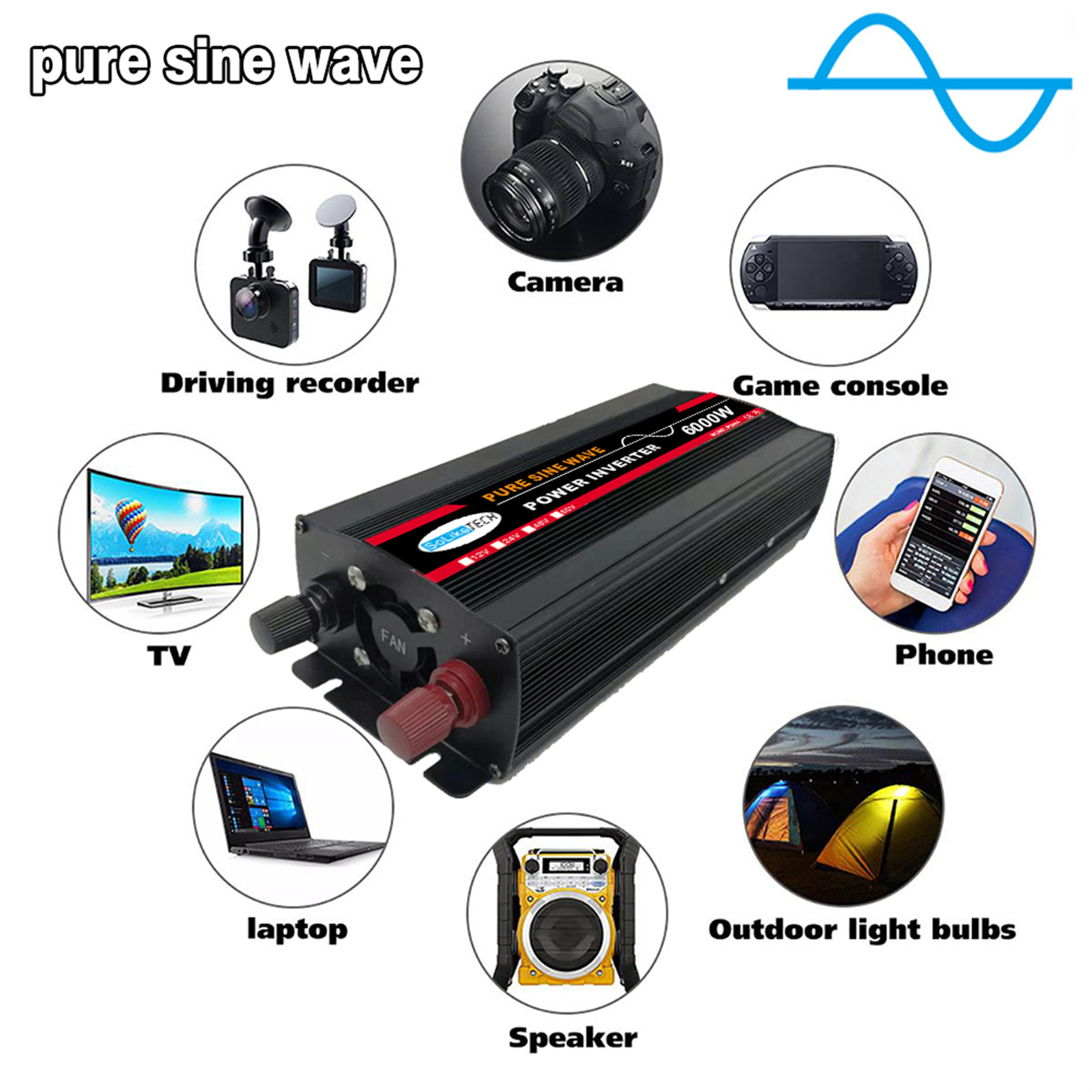 Pure Sine Wave Inverter, 6000W Power Inverter DC 12V to AC 110V Car Battery Power Converter Adapter Solar System/Solar Panel/Home/Outdoor/RV/Camping Wave Power Inverter