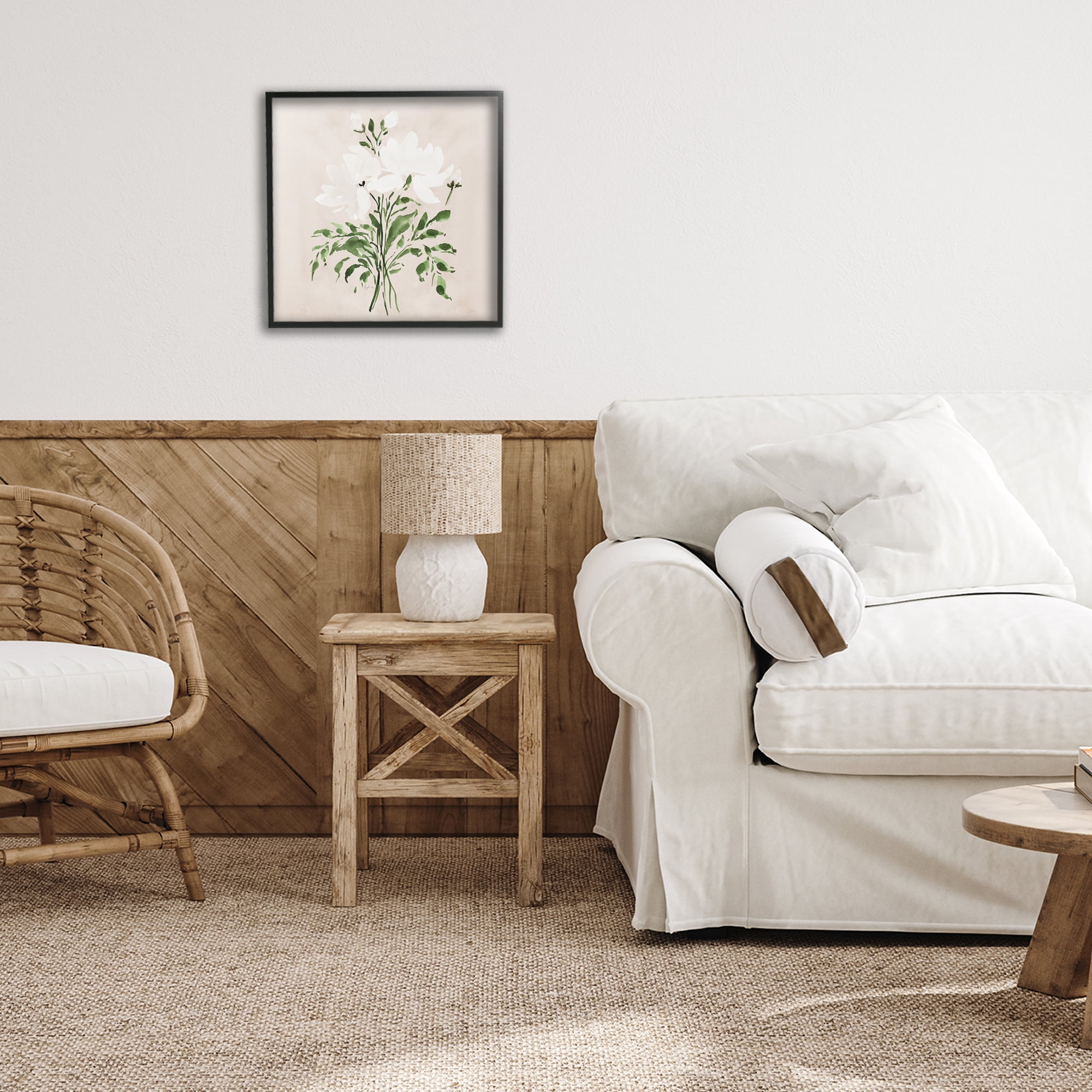 Stupell Industries White On Tan Floral Black Framed Giclee Art, design by Lucille Price