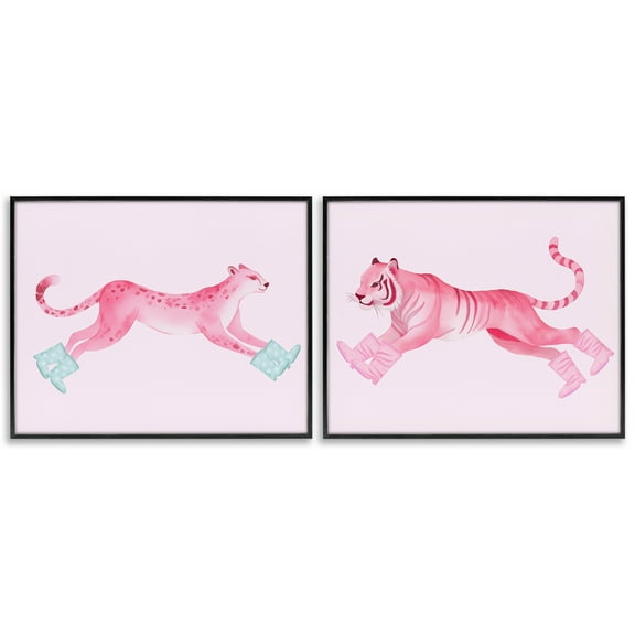 Stupell Industries Sprinting Jungle Animals in Boots Animals Painting Black Framed Art Print Wall Art, 14 x 11, Set of 2