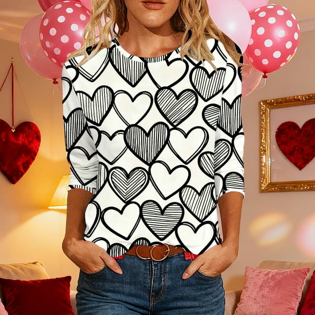 Hauts pour Femmes T-Shirt à Manches 3/4 à Imprimé Cœur de la Saint-Valentin à Col Rond Noir m