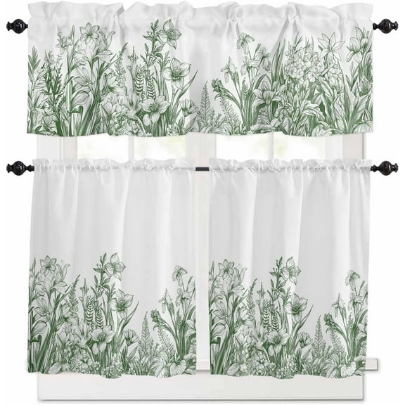 Green Flowers Kitchen Curtains and Valances Set, Rod Pocket Curtains Tier Farmhouse Window Curtains 24 Inch Length, Botanical Floral Plants Retro Farmhouse 3 Piece Kitchen Curtains Set