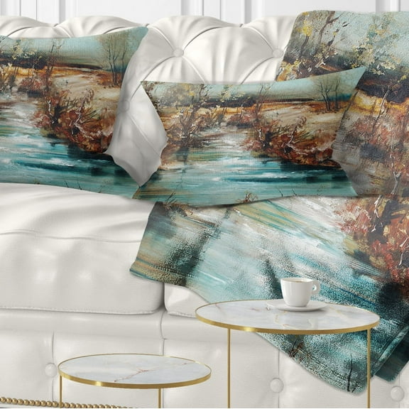 Designart Trees and Creek Oil Painting - Landscape Painting Throw Pillow - 12x20