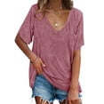 thumbnail image 2 of Short Sleeved Women V-Neck Solid Color Loose T-Shirt Tops, 2 of 5