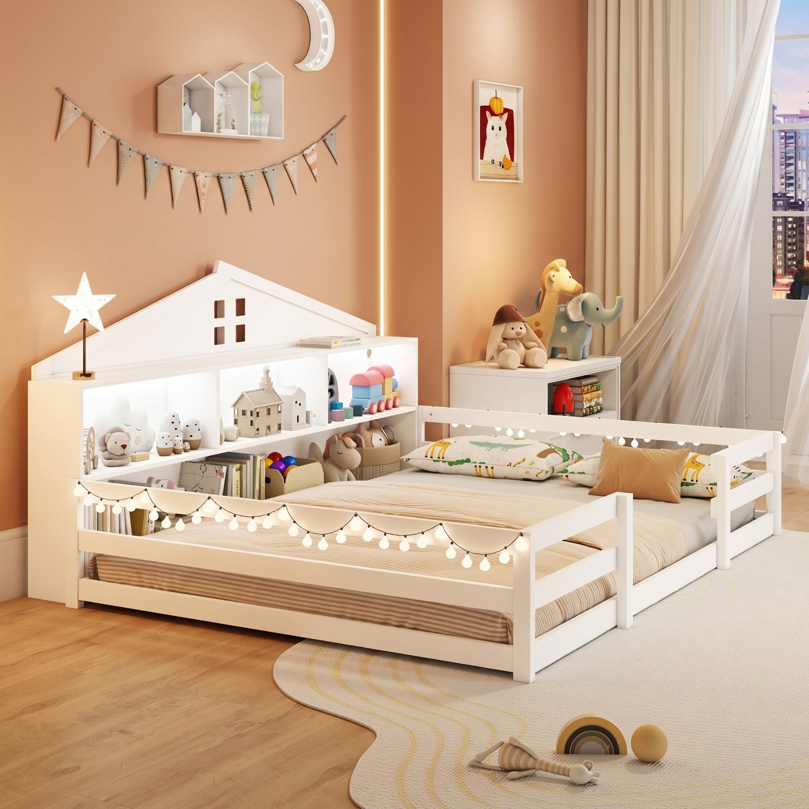 Furnibear Full Size Bed Frame Montessori Floor Bed with House Headboard and LED Lights, Kids Room Floor Bed Frame with Storage, White