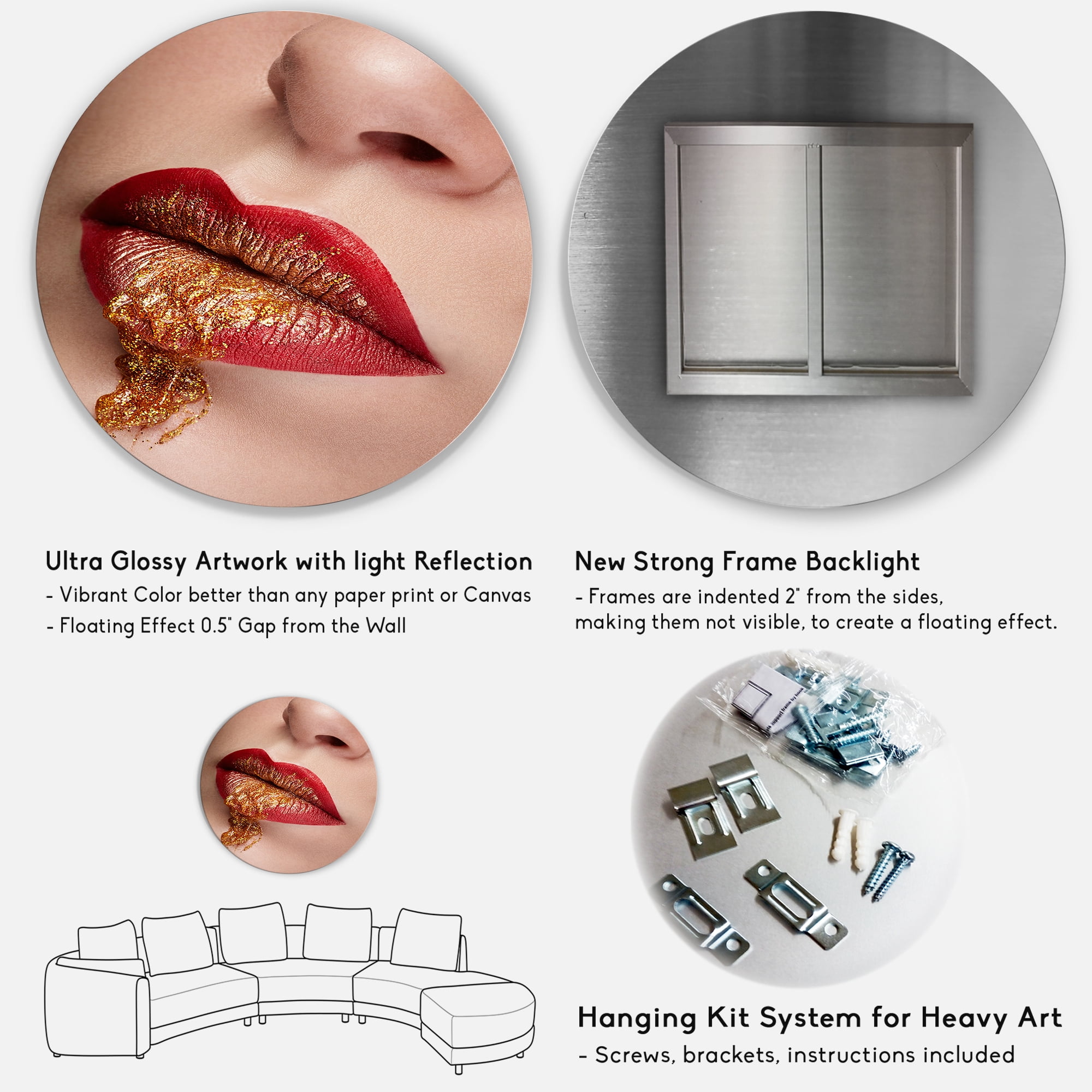 Designart 'Close Up Lips With Gold and Red Make Up' Modern Circle Metal Wall Art 36x36 - Disc of 36