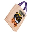 thumbnail image 4 of Bolsa de mano de Halloween de tela de yute con asa, 4 patrones, bolsas de Acción de Gracias para almacenamiento de trucos, gato negro, 4 of 8
