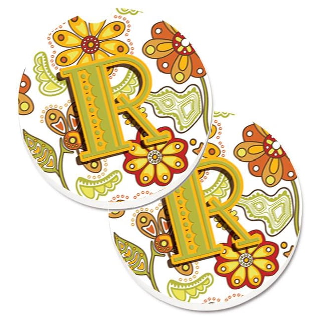 Letter R Floral Mustard & Green Set of 2 Cup Holder Car Coaster