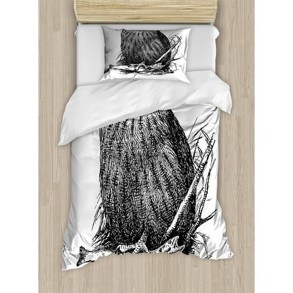 Owl Print Duvet Cover Set Twin Size, Vintage Look Detailed Wise Night Bird with Hunted Fish Engraving Print, Decorative 2 Piece Bedding Set with 1 Pillow Sham, Charcoal Grey White, by Ambesonne