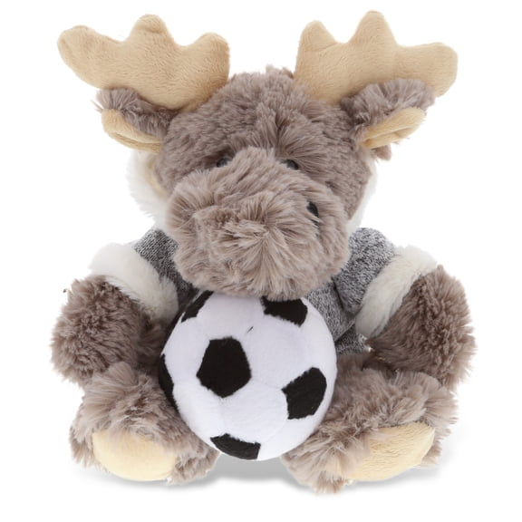 DolliBu Sitting Moose Stuffed Animal with Soccer Ball Plush – Huggable Moose with Hooded Sweater, Adorable Playtime Plush Toy, Cute Wildlife Gift, Soccer Plush Toy for Kids and Adults – 8 Inch