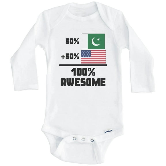50% Pakistani 50% American 100% Awesome Funny Flag One Piece Baby Bodysuit (Long Sleeve), 0-3 Months White