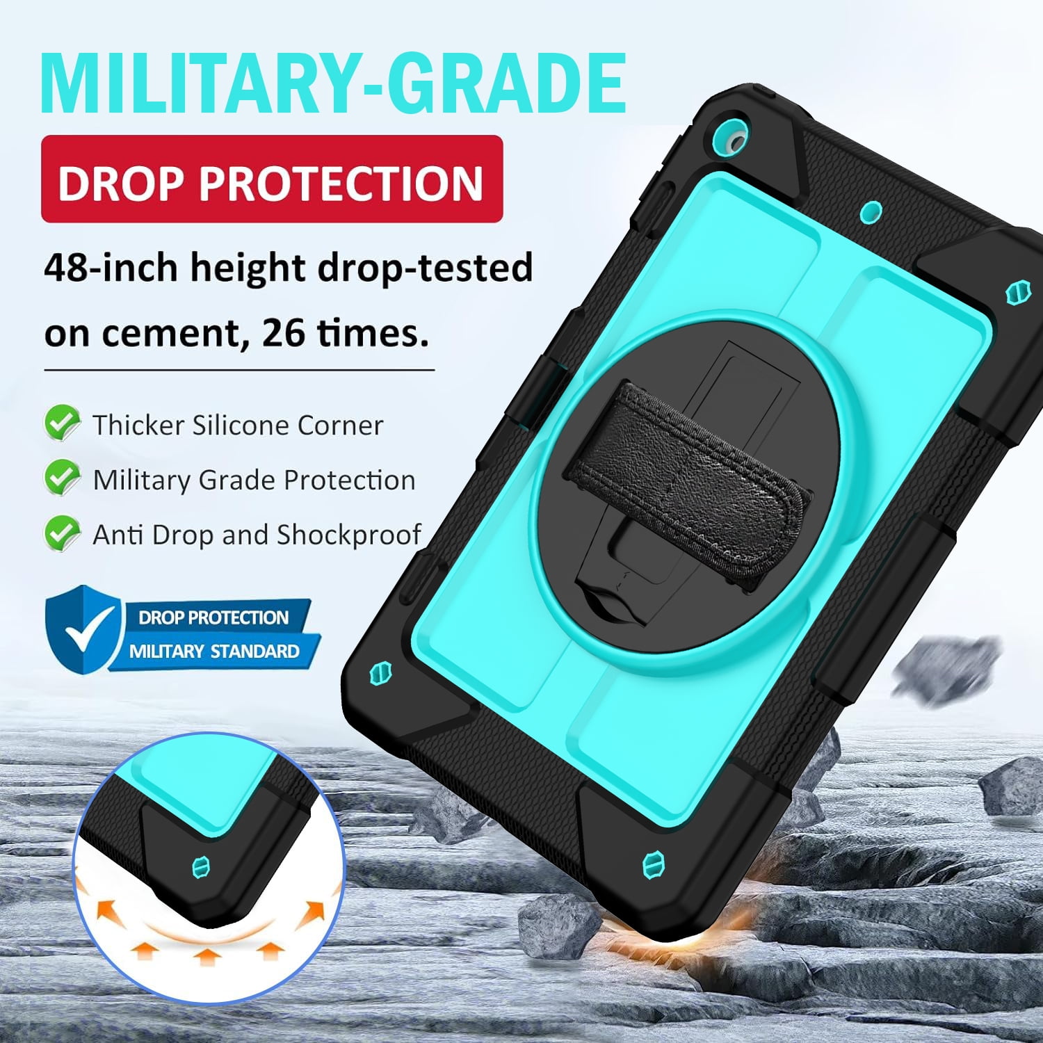 BMOUO iPad 9th Generation Case, iPad 8th/7th Generation Case, iPad 10.2 Case,Hybrid Shockproof [360 Rotating Stand] [Hand Strap] [Pencil Holder] Kids Case for New iPad 10.2" 2021/2020/2019, Sky Blue