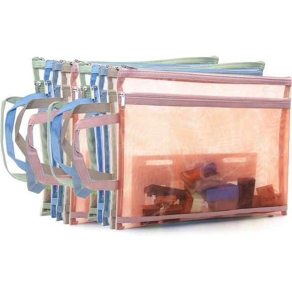 10 Pack Mesh Zipper Pouches for Organizing, Double Layers Nylon Puzzle Building Block Sets Toy Storage Organization with Handle, Multipurpose for Travel, School, Board Game, Office, and Home Organize