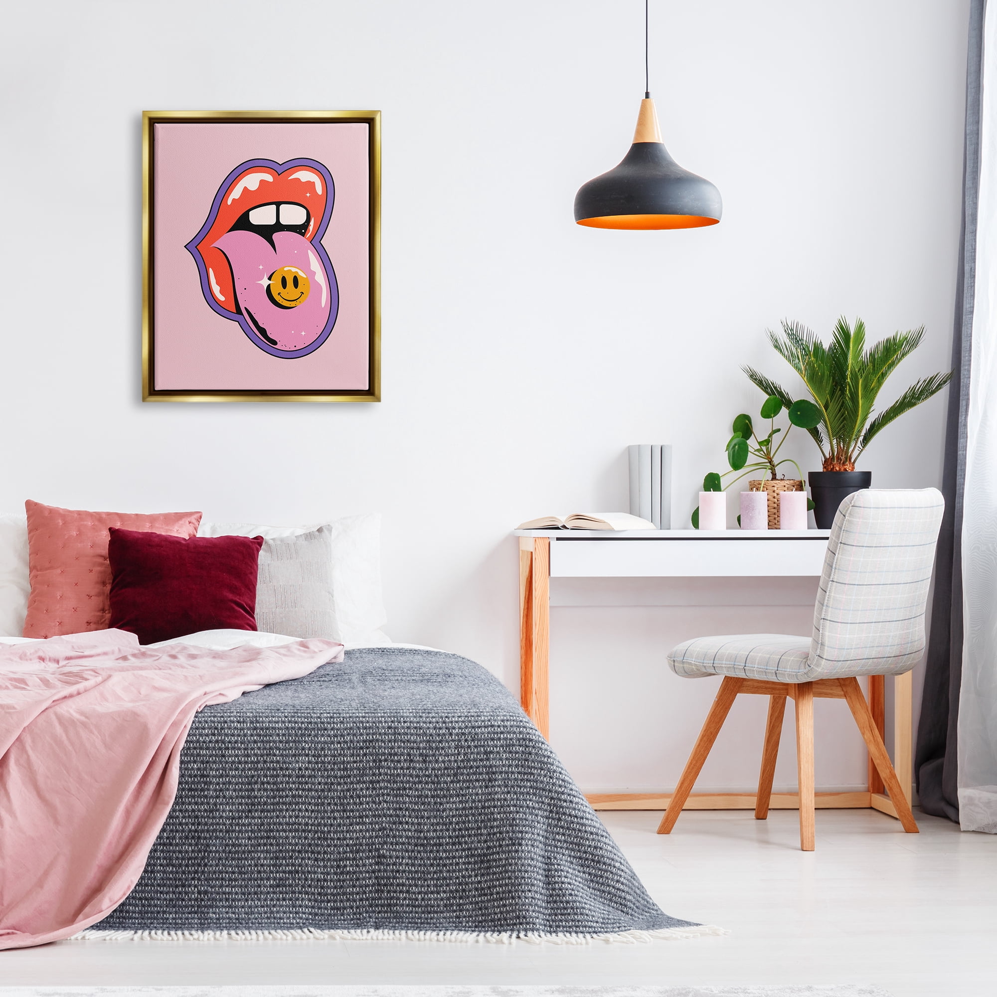 Stupell Industries Retro Lips with Smiley Abstract Painting Gold Floater Framed Canvas Art Print Wall Art, 25 x 31