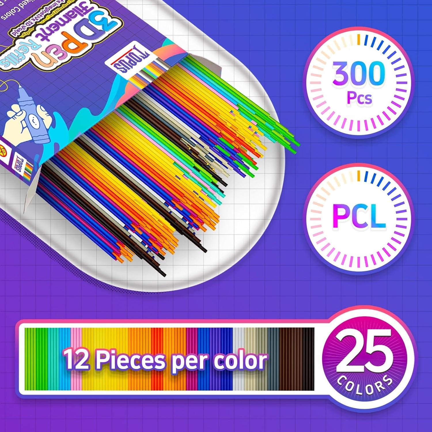 300Pcs 3D Pen Filament Refills Compatible with Start+ Pen, 25 Colors 3D Filament Bundle, 3D Pen Refill Sticks with 15cm x 12Pcs Per Color, Low Print Temperature PCL Filament 2.5mm Thick
