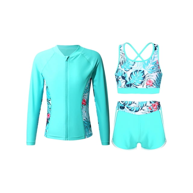 Manyakai 3Pcs Girls Tankini Rashguard Swimsuit Set Long Sleeve Swim Shirt Crop Top with Swim Trunk Green 8