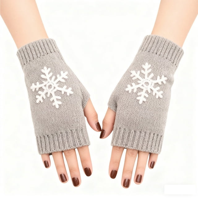 Casual Snowflake Print Knitted Fingerless Mittens For Winter Warmth And Fashion Comfort
