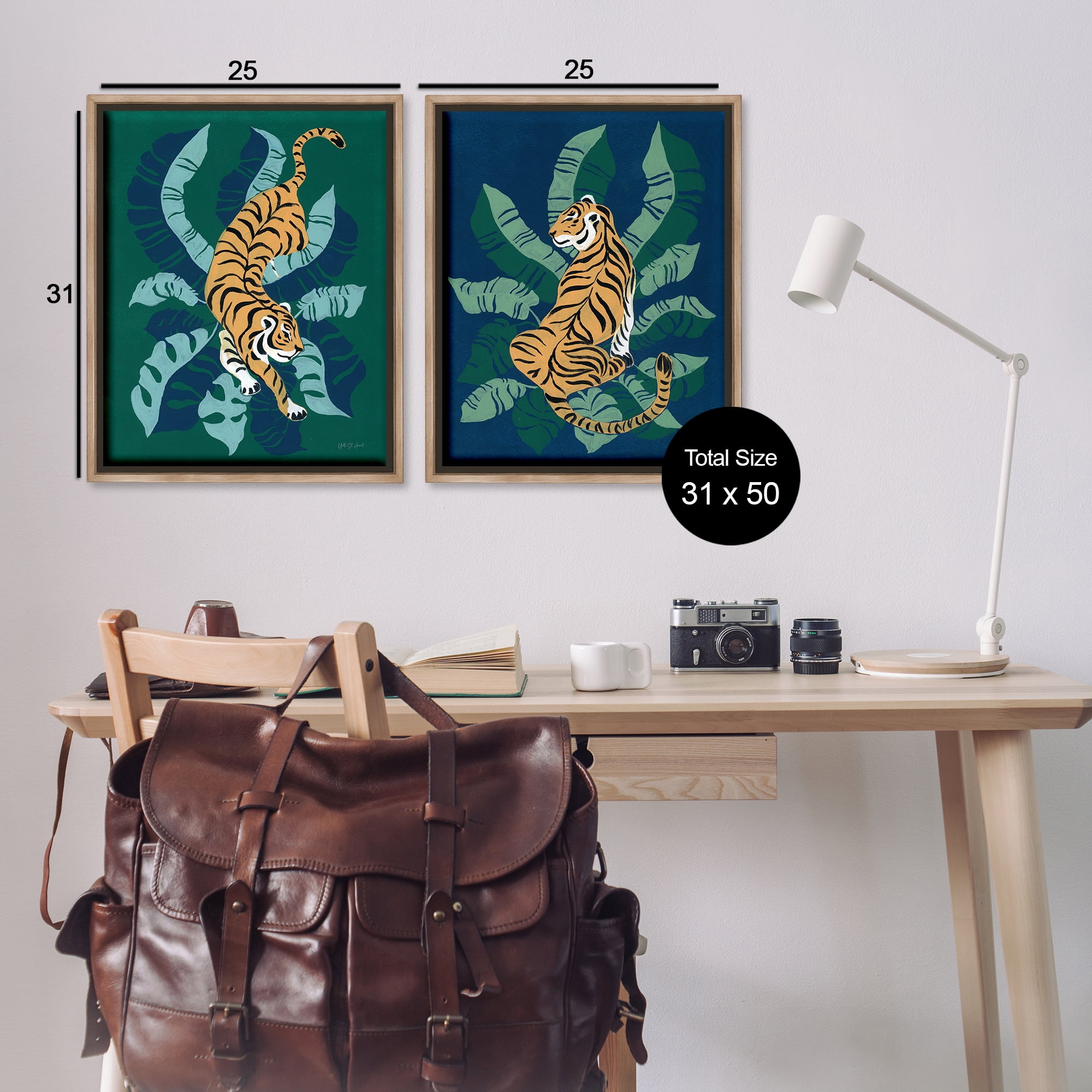 Stupell Industries Prowling Tiger Sitting Tiger Jungle Animals Painting Brown Floater Framed Canvas Art Print Wall Art, 31 x 25, Set of 2