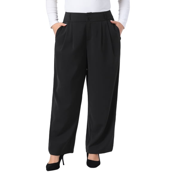 Agnes Orinda Women's Plus Size High Waist Double Button Suit Pants Elastic Pleated Front Wide Leg Straight Business Pant with Pockets 1X Black