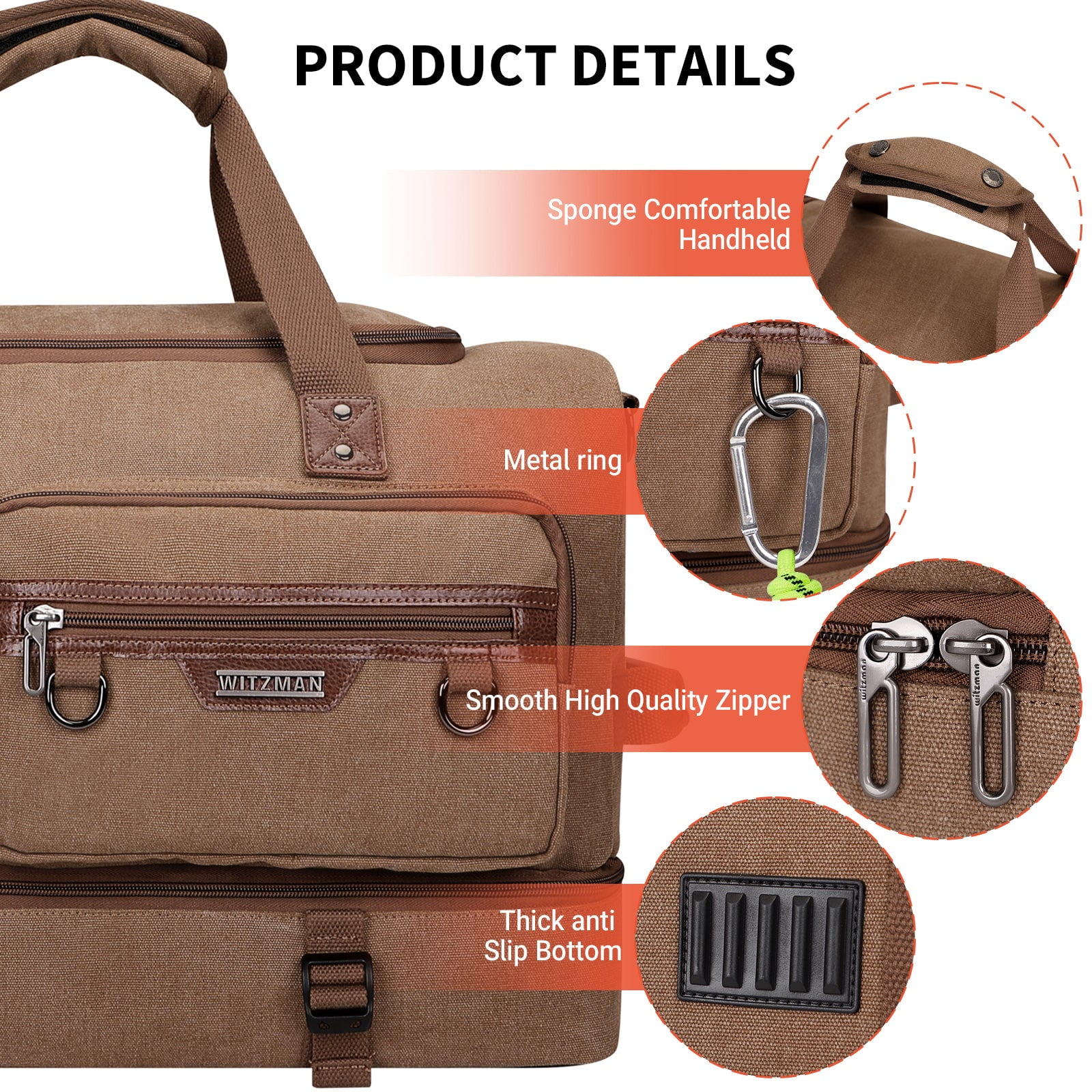 WITZMAN Canvas Weekender Bag Mens Overnight Bag for Traveling Carry on Duffle Bags with Shoes Compartment(A8010 Brown)