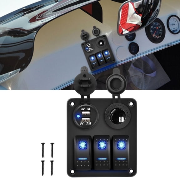 Waywe 3 Gang Rocker Switch Panel with USB Charger and Cigar Lighter 12V 24V Toggle Switch ON Off Rocker Switch Blue for Cars Rvs Trucks